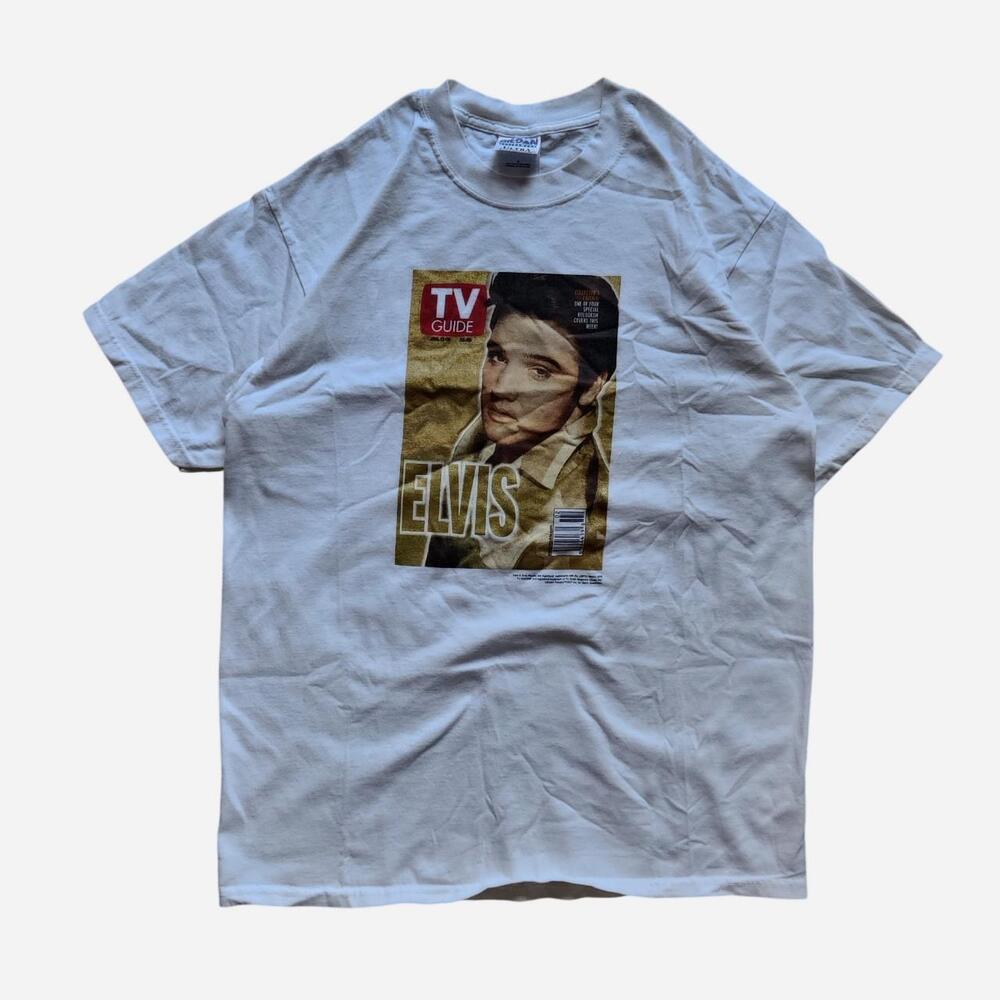 vintage Elvis Presley TV Guide Cotton T-Shirt with graphic of Elvis Presley on a